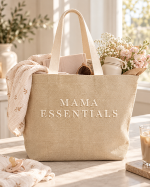 Natural Mama Essentials washed jute bag styled with soft neutral new mum essentials