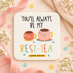 Personalised Best Tea appreciation gift coaster styled with soft blush ribbon, flowers and playful pastel stars