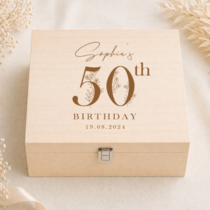 A personalized light wood keepsake box with a metal clasp, engraved with 'Sophia's 50th Birthday 19.08.