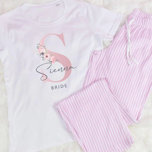 Bridal Pyjamas - Personalised Initial Floral - Pink/White - Amy Lucy