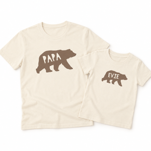 Adult and child matching Natural Raw personalised bear T-shirts
