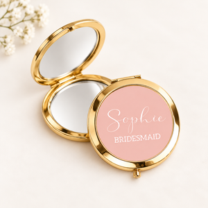 Gold compact mirror open with personalised bridesmaid lid shown