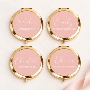 Gold compact mirrors personalised for bridesmaid and wedding party roles