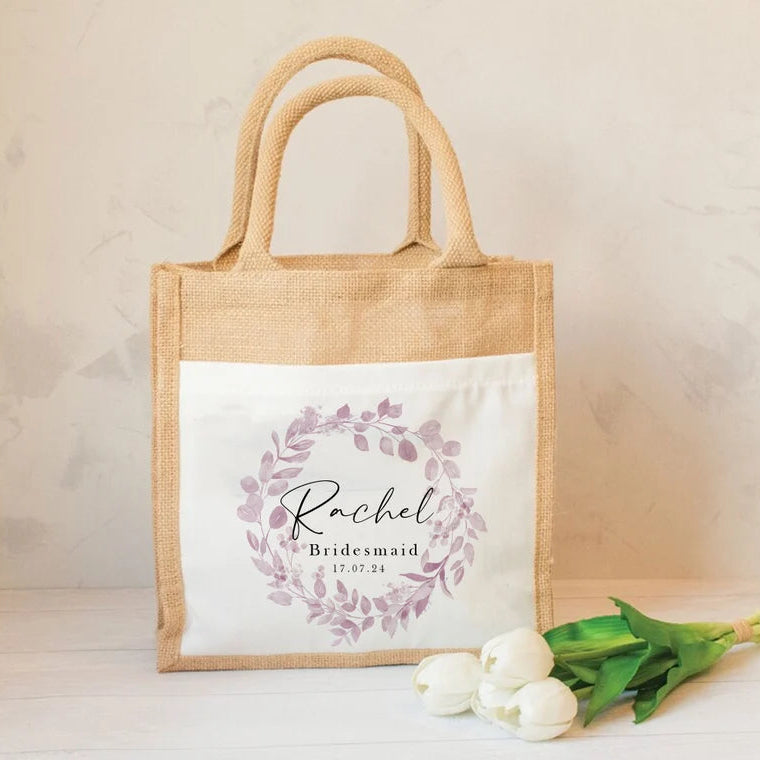Personalised Bride Bag, Floral Bride Jute Bag, Bride Gift Bag, Bride Gifts, Bridal Party Bag, Bridesmaid Bag, Maid of Honour Gift Bag, Hen
