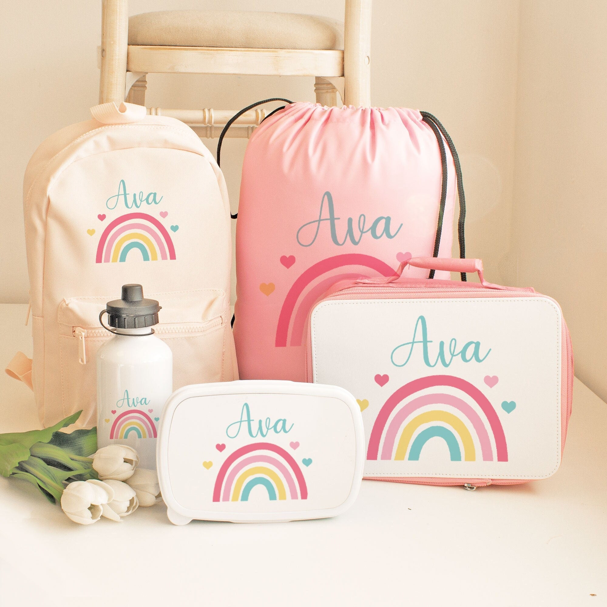Personalised Rainbow Backpack, Rainbow  School Bundle, Kids Back to School Set, Girls School Lunch Bag, Lunch Box, Rainbow Lunch Set, Pink