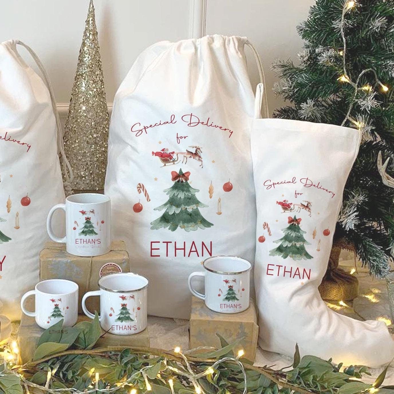 Personalised Christmas Sack Stocking Set | Christmas Mug Stocking Sets | Xmas Santa Bag | Custom Christmas Stocking | Personalised Sack