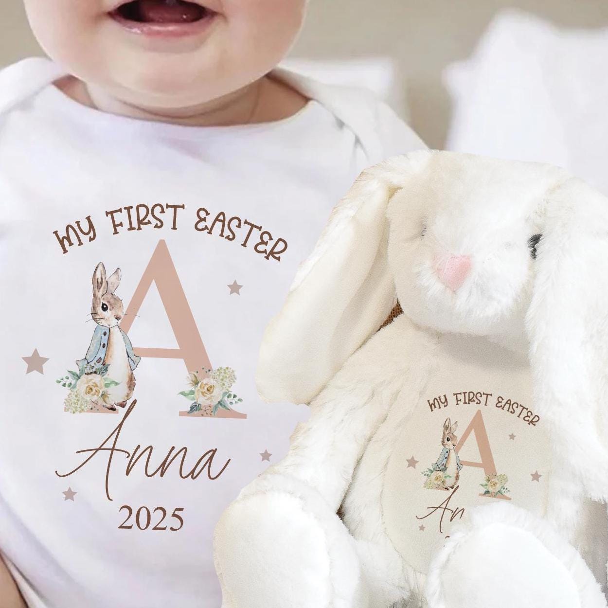 Personalised First Easter Baby Vest, Baby First Easter Outfit, Baby First Easter Soft Toy, Soft Toy Easter Bunny, Baby Easter Bib, Baby