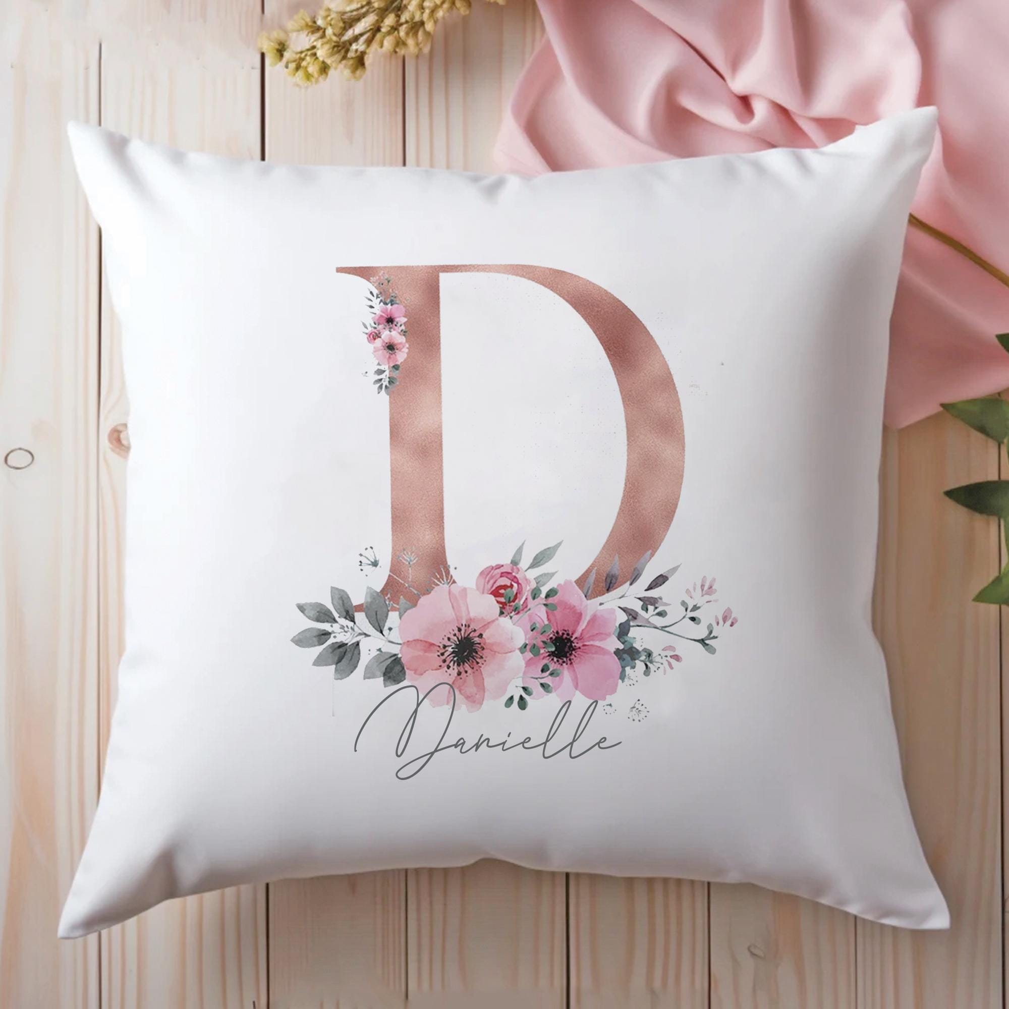 Personalised Initial Cushion, Rose Gold Custom Gift, Girls Bedroom Gift, Watercolour Flowers, Baby Gift, Initial Gift for Her, Custom Made