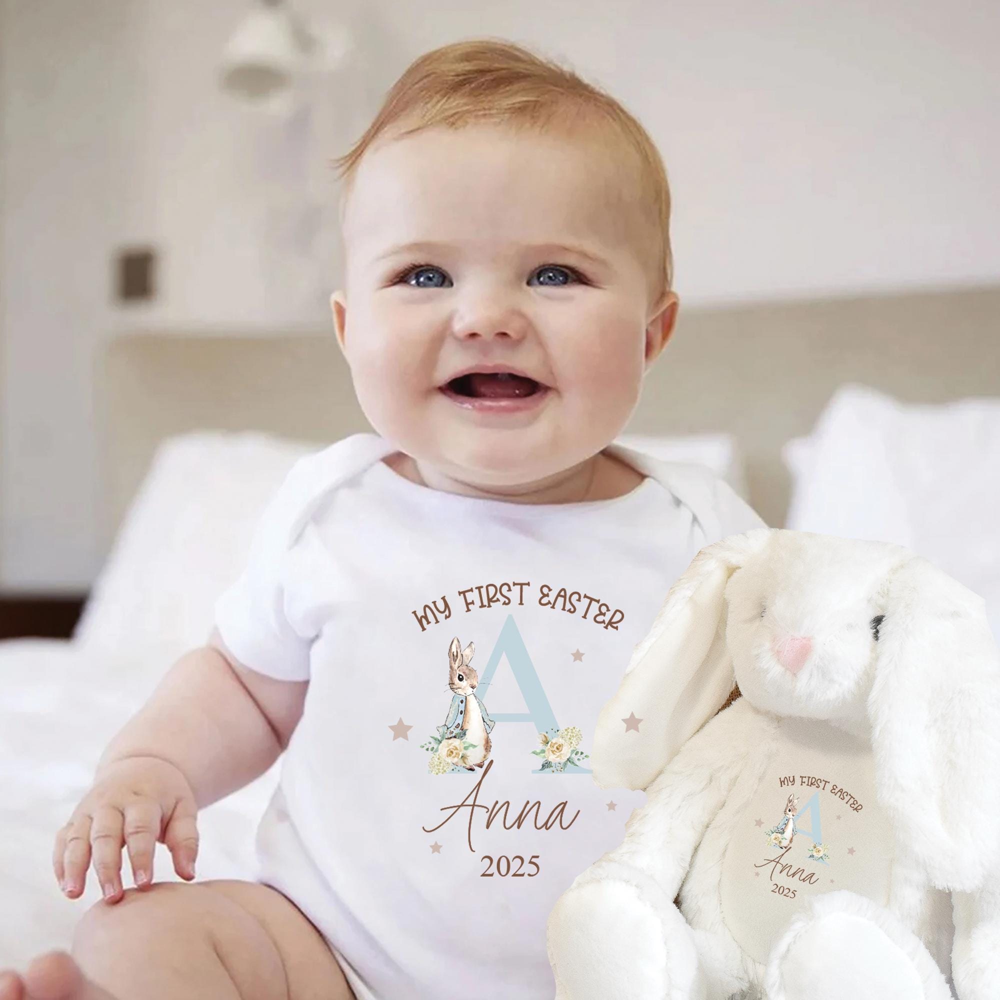 Personalised First Easter Baby Vest, Baby First Easter Outfit, Baby First Easter Soft Toy, Soft Toy Easter Bunny, Baby Easter Bib, Baby