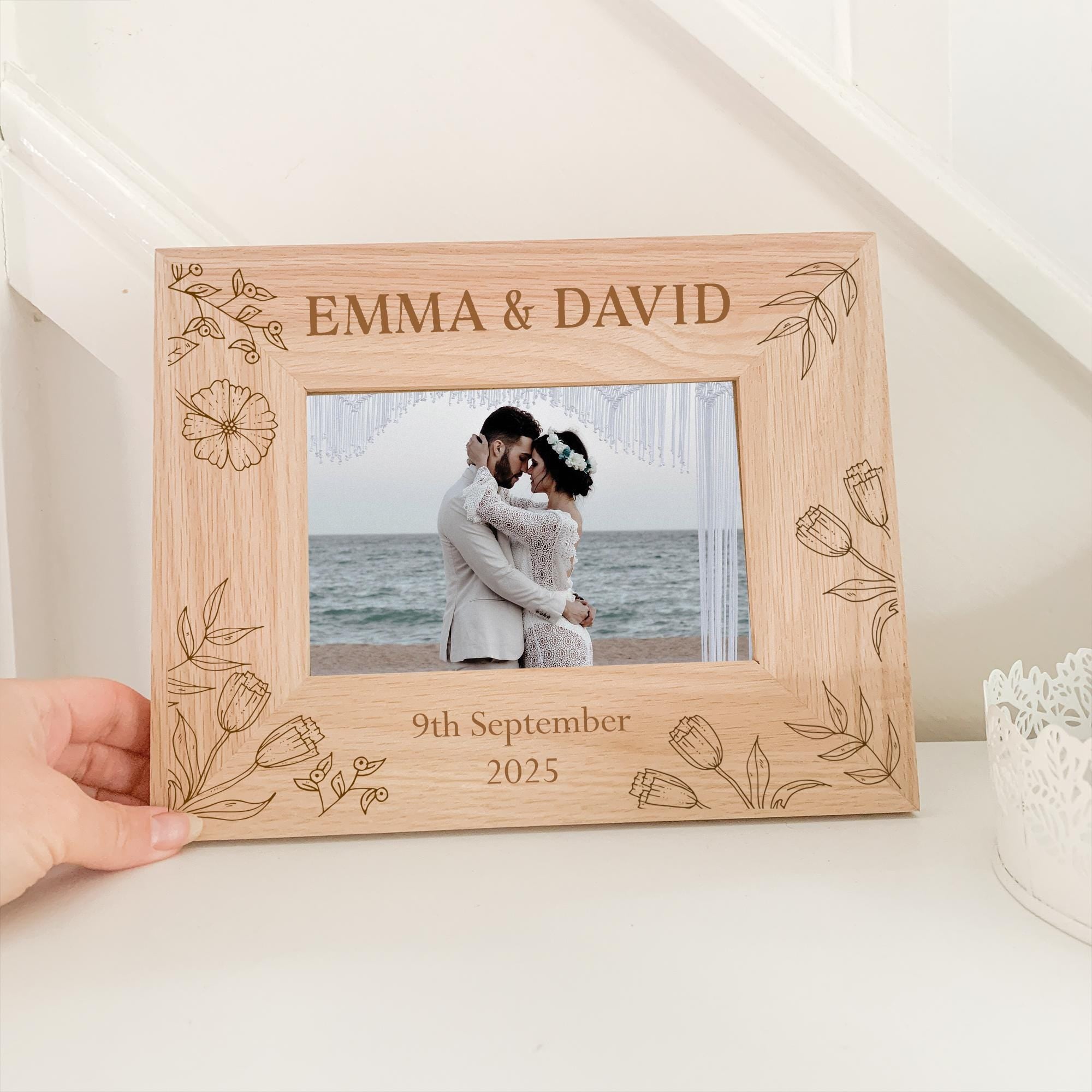 Personalised Wedding Photo Frame, Engraved Wedding Day Picture Frame, Oak Photo Engraved Frame, Solid Oak Couple Gift Frame, Oak Frame
