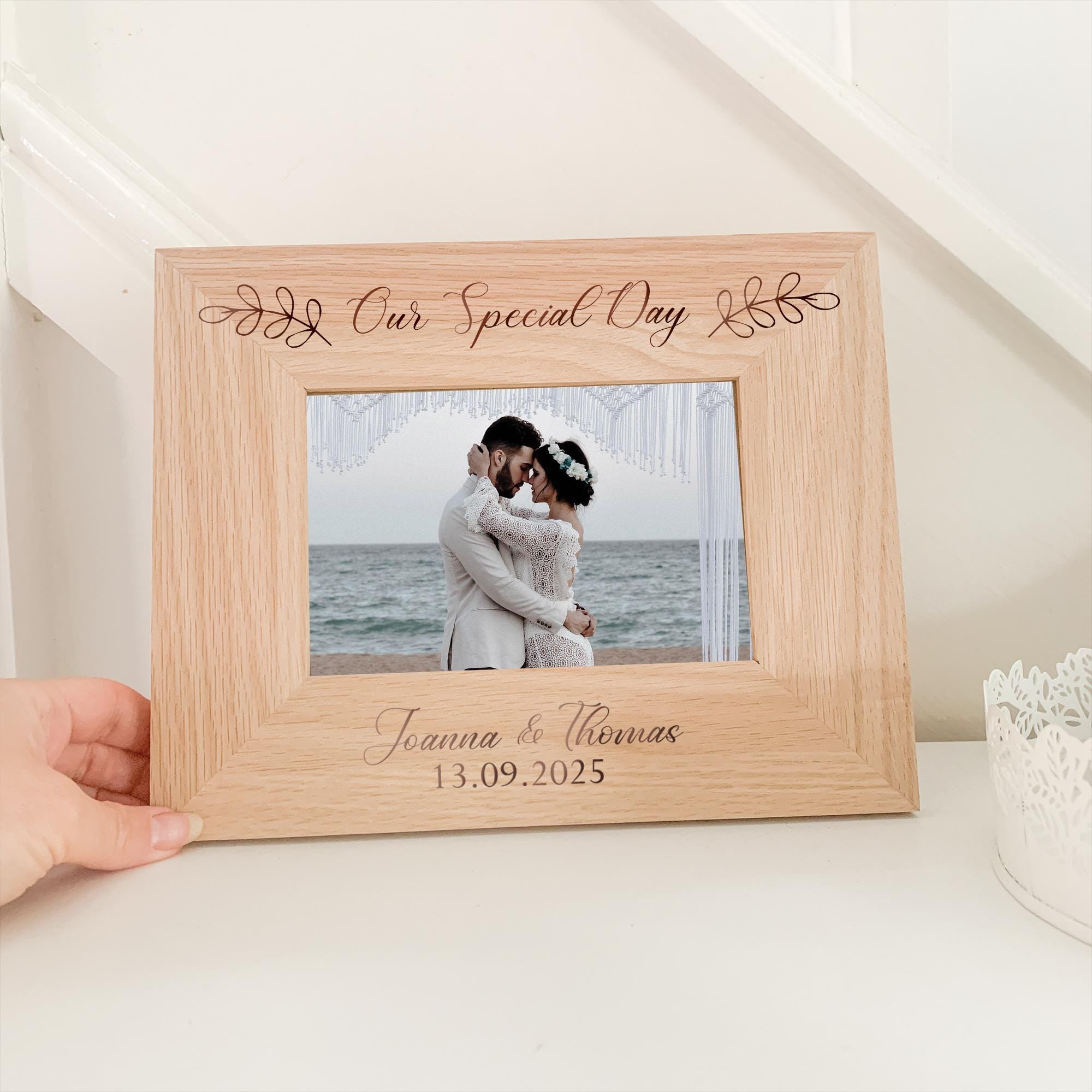 Personalised Wedding Photo Frame, Engraved Wedding Day Picture Frame, Oak Photo Engraved Frame, Solid Oak Couple Gift Frame, Oak Frame