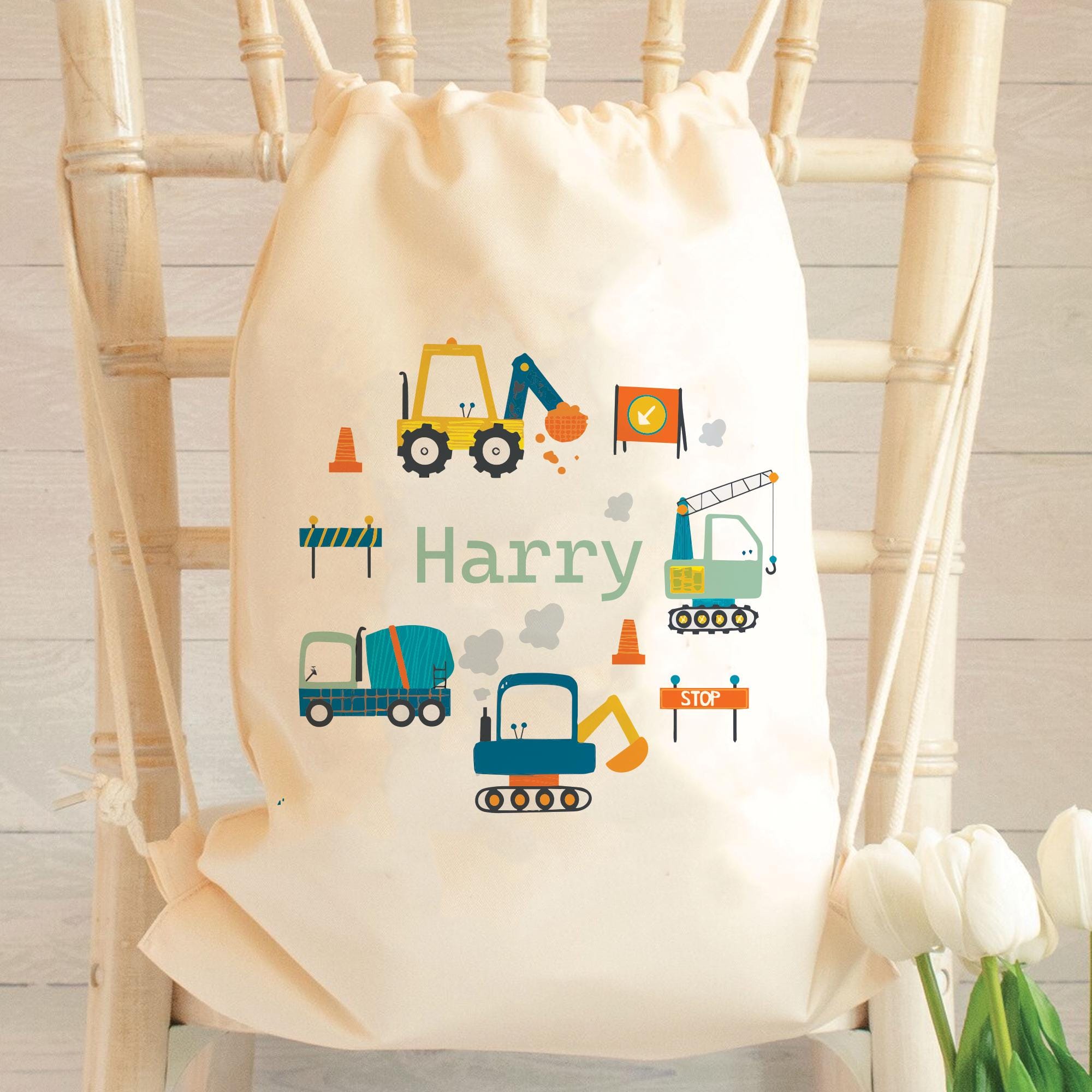 Personalised Digger Trucks Bag, Vehicles Childs Drawstring Bag, Truck School Bag, Diggers Kids Nursery Bag, Digger Child PE Bag, Kids Bag