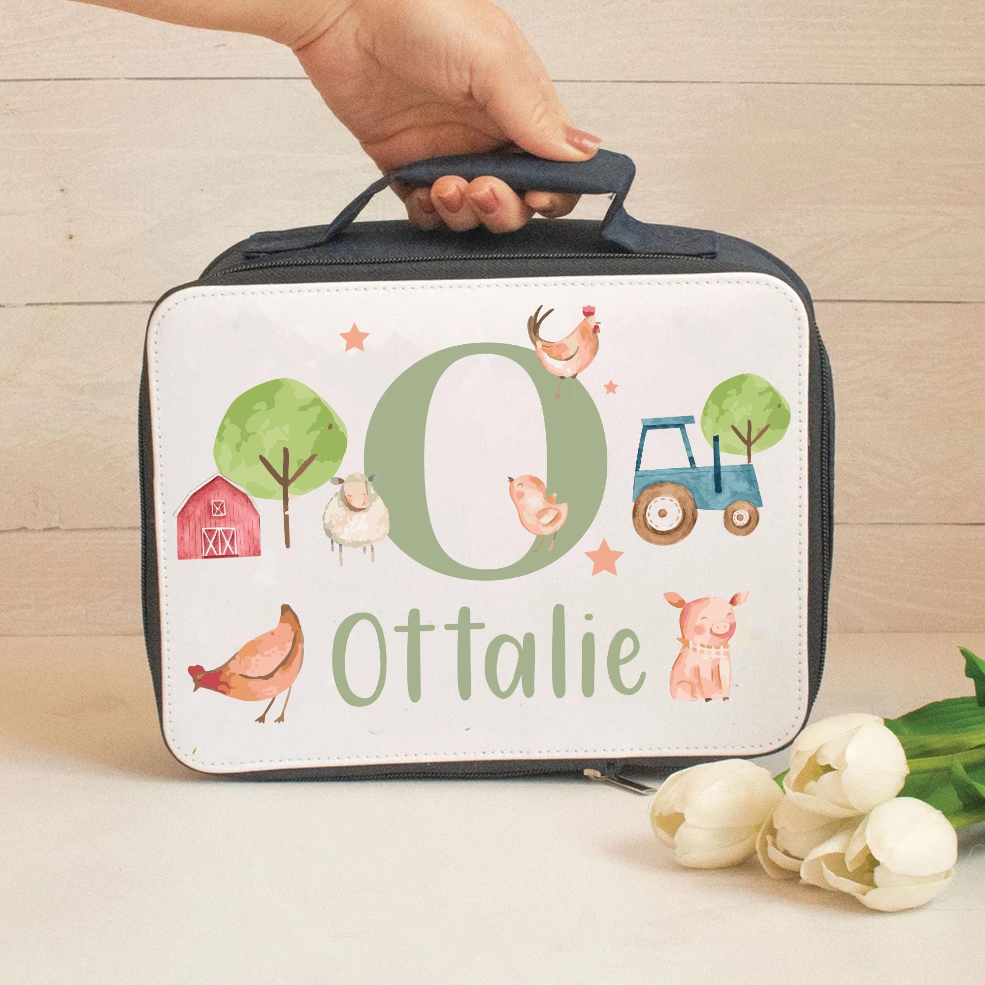 Personalised Farm Lunch Box, Childs Tractor Lunch Bag, Farm Animals Boys Lunch Bag, Kids Trucks Lunch Bag, Nursery Lunch Bag, School
