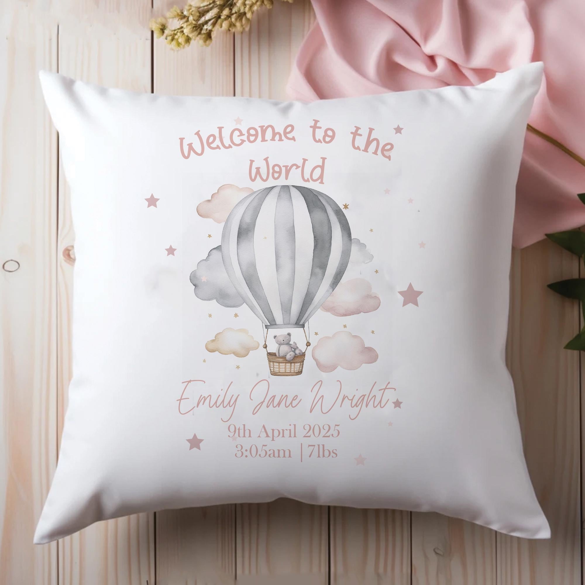 Personalised Baby Cushion | Balloon Baby Room Decor | Announcement Gift for New Girls | Nursery Decor Ideas