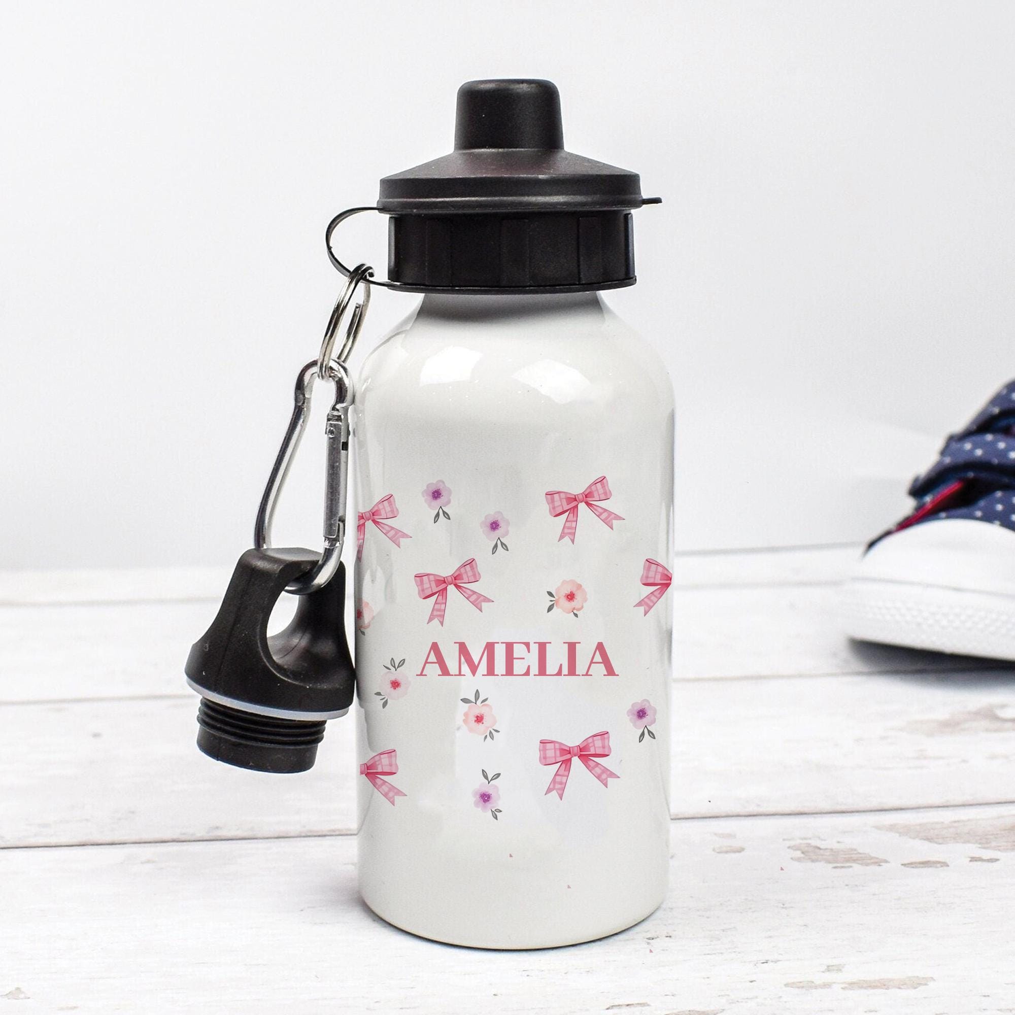 Personalised Bows Water Bottle, Cute Bows School Bottle, Kids Pink Bows Drink Bottle, Bow School Flask, Kids Children Student Drinks Cup,