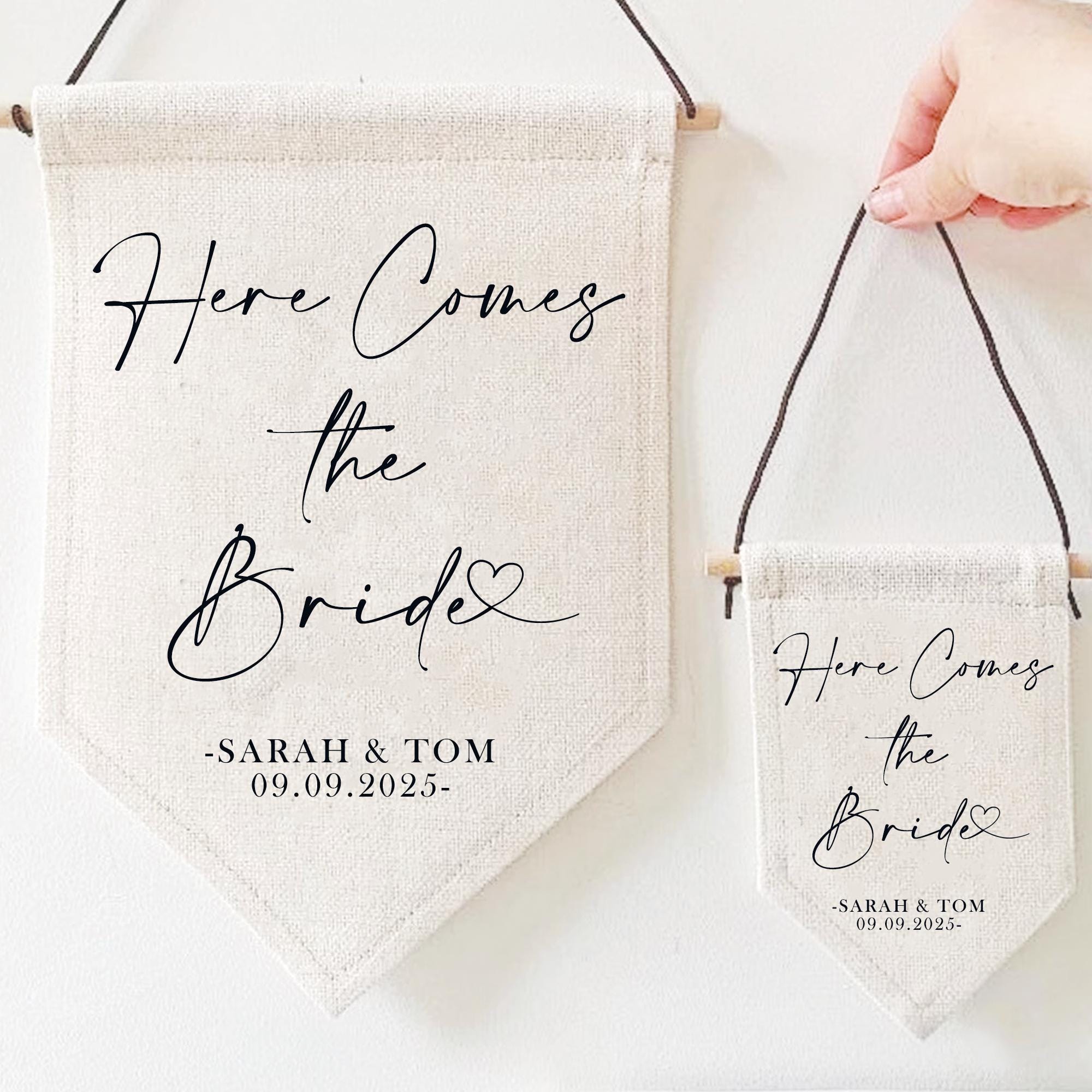 Personalised here comes the bride wedding flag, pageboy flag sign, flower girl wedding aisle sign, wedding sign, down the aisle