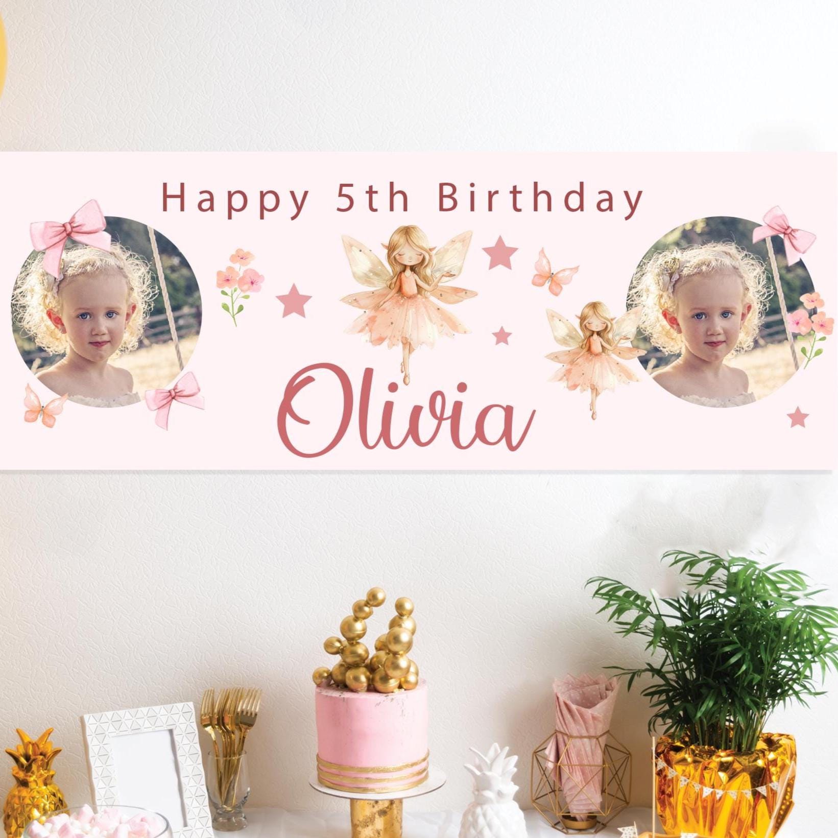 Personalised Birthday Banner, Fairy Girl Pink Birthday Banner, Age Photo Birthday Banner, Birthday Banners, Custom Birthday Banner, Birthday