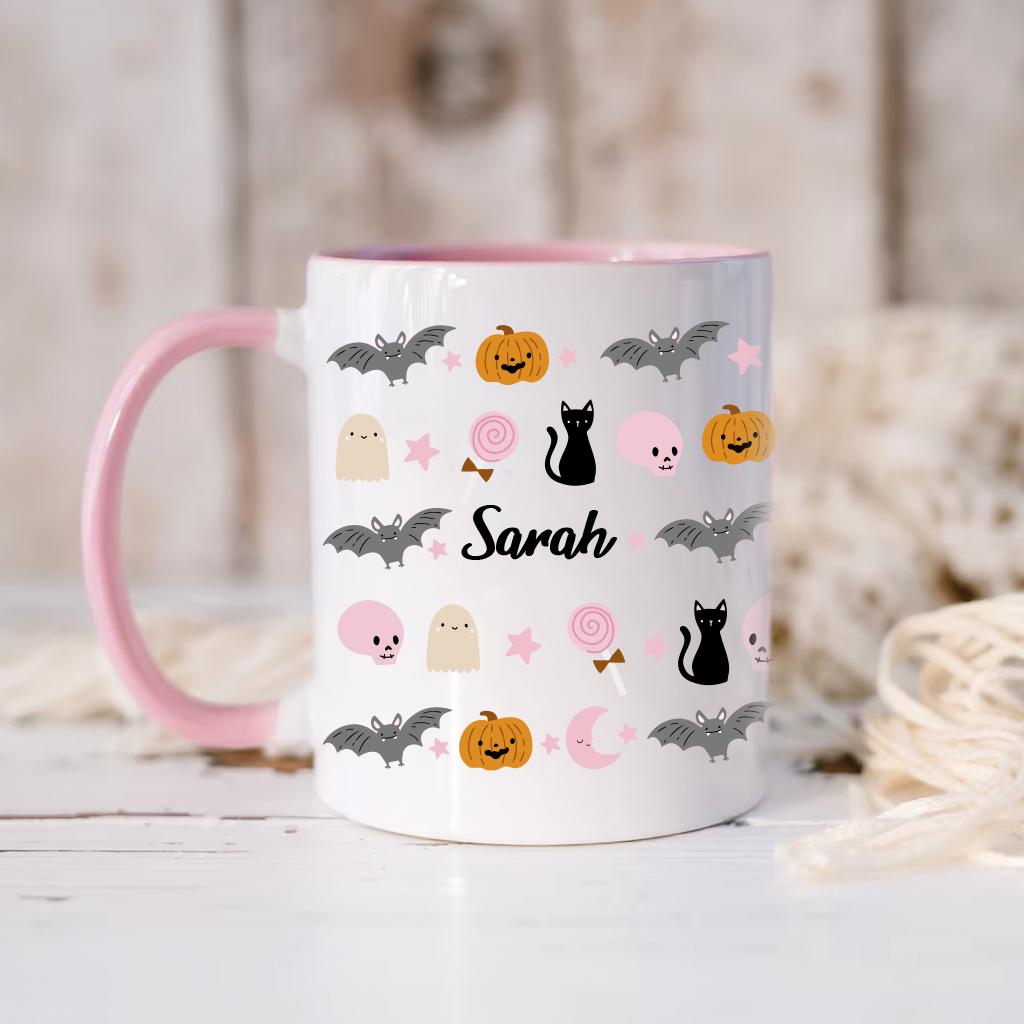 Personalized Halloween Mug: Pumpkin, Bat & Black Cat Design