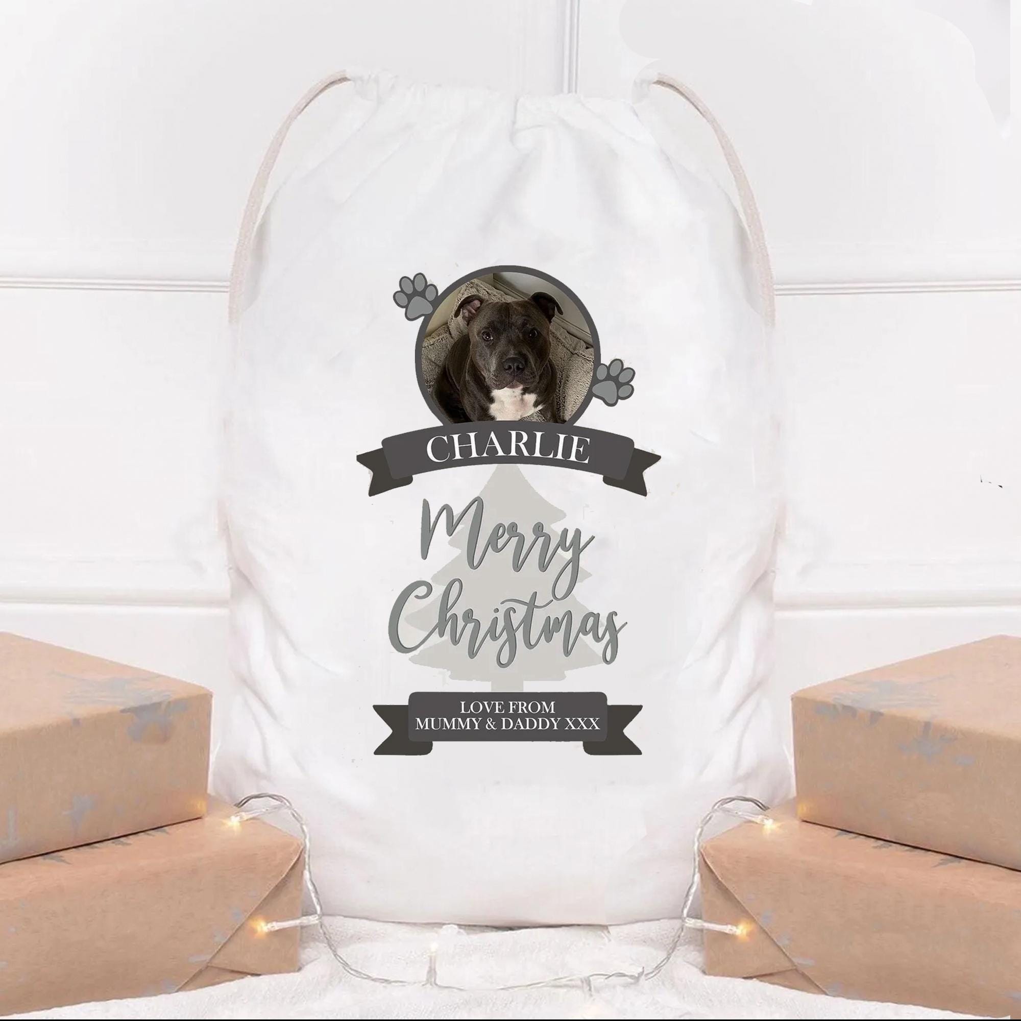 Personalised Pet Santa Sack, Dog Santa Sack, Cat Christmas Sack, Animal Christmas Eve Present Sack, Personalised Sack Bag, Your Pet Photo