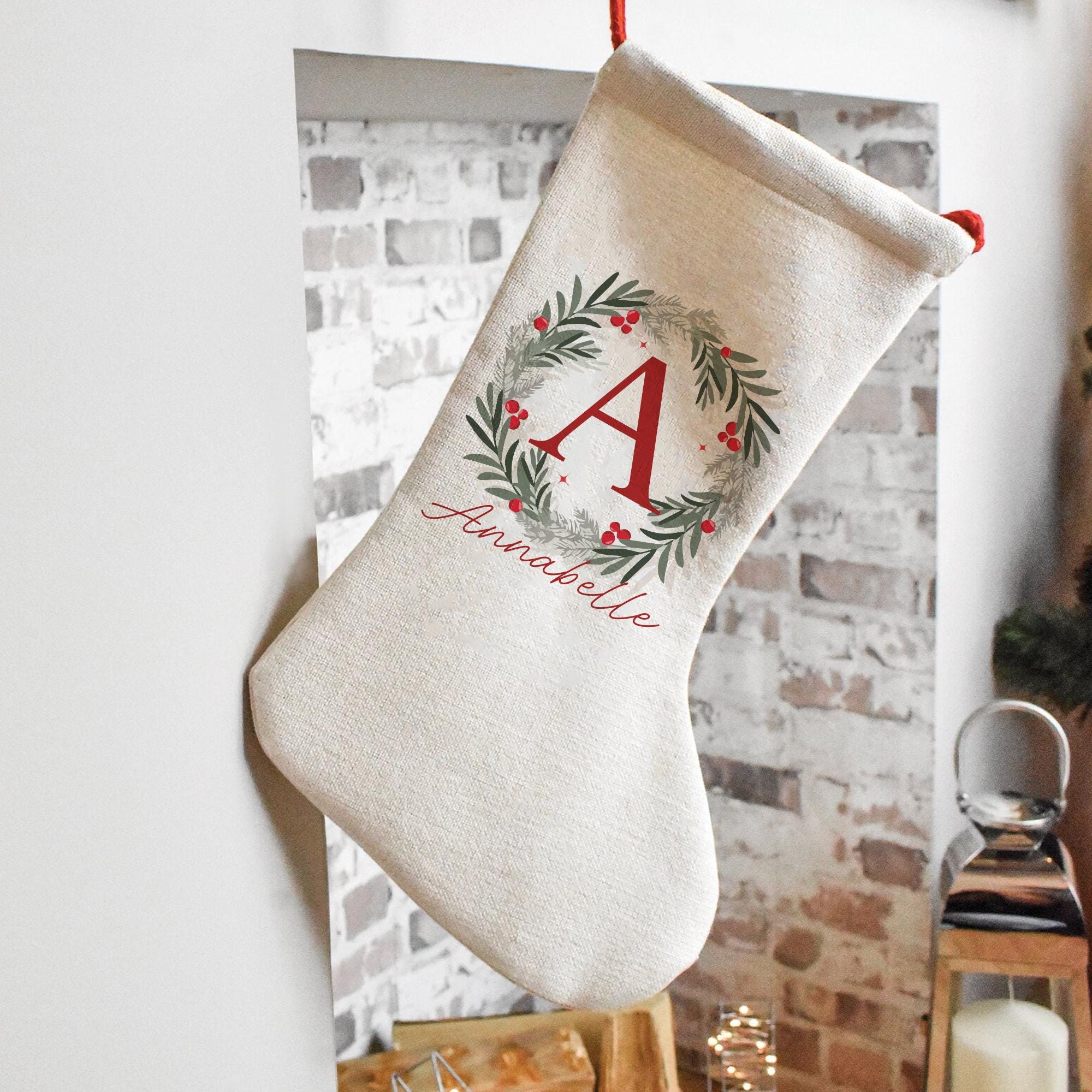 Personalised Wreath Christmas Stocking, Holiday Stocking, Linen Stockings, Christmas Family Decoration, Adult Christmas Stocking