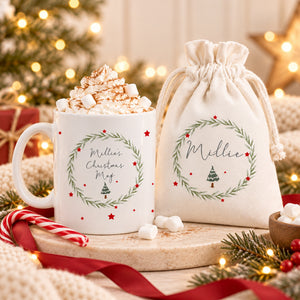 Personalised Christmas hot chocolate mug and matching cotton gift bag with festive styling