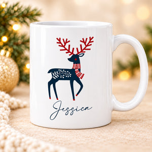 Front view of personalised reindeer Christmas mug with Jessica name, Merry Lucy festive styling