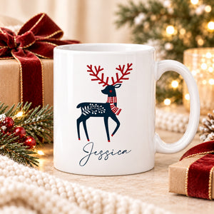 Personalised Scandinavian reindeer Christmas mug styled with wrapped Christmas gifts