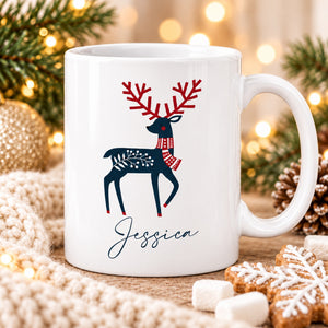 Personalised reindeer Christmas mug with cosy Christmas treats and fairy lights