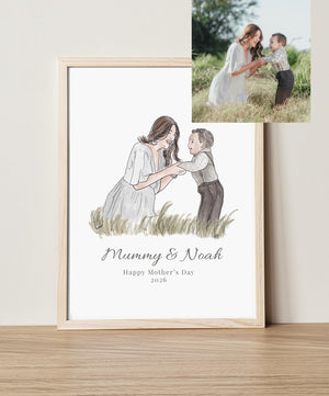 Framed illustration of a mother and child with a photo of a real mother and child in a field.
