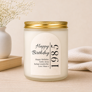Close-up of the personalised label on the personalised Any Age Birthday Candle Gift