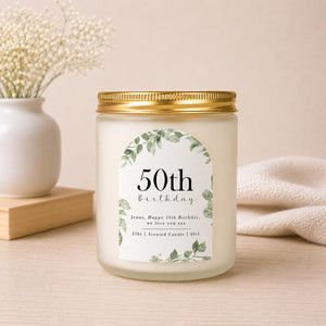 Close-up of the personalised label on the personalised Botanical Birthday Candle Gift