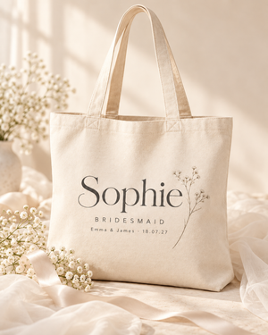 Natural personalised bridal party tote bag with name and bridesmaid role