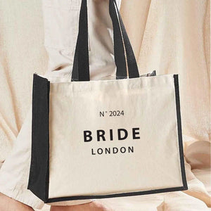 Personalised Bride Tote Bag, Custom Name Tote Bag, Bachelorette Jute Bag, Hen Party Travel Bag, Bridal Party Weekend Bag, Bags, Black Detail - Amy Lucy