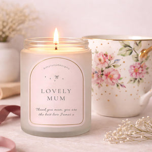 Close-up of the personalised label on the personalised Candle Gift for Mum