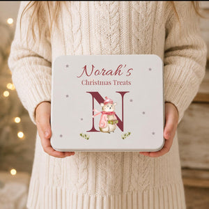 Personalised Christmas treat tin for kids with watercolour winter mouse, name and initial