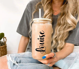 Personalised Coffee Glass Tumbler with Straw, Bridesmaid Coffee Cup, Bride to be Tumbler, Name Coffee Drink Cup Bachelorette Party Gift - Amy Lucy