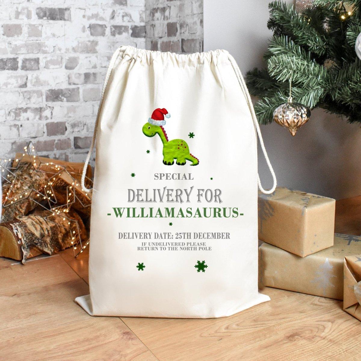 Personalised Dinosaur Christmas Sack, Christmas Sack, Dinosaur Child's Kids Christmas Gift Sack, Cotton Santa Bag, Santa Toy Sack, Dino - Amy Lucy