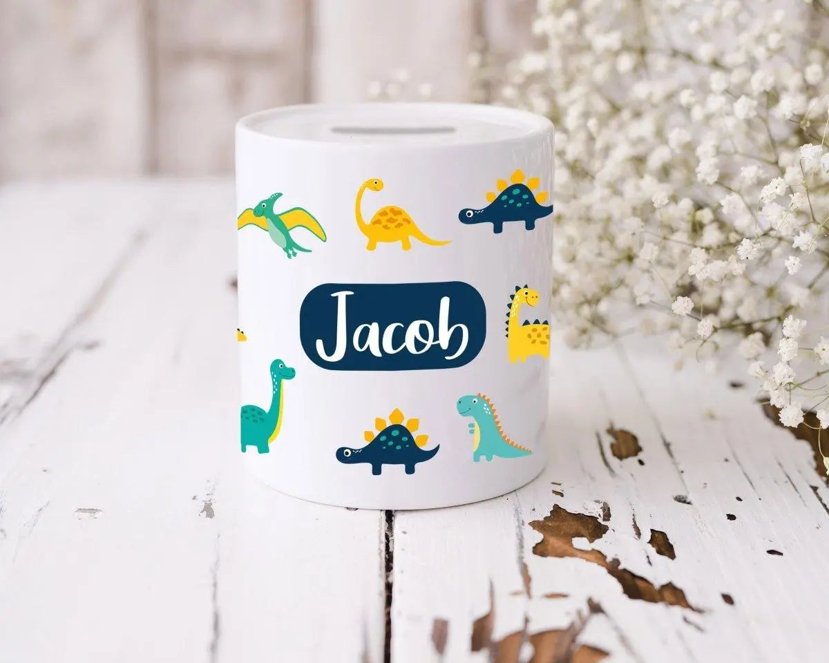 Personalised Dinosaur Money Box, Personalised Piggy Bank, Child's Toy Fund, Dinosaur Bedroom Decor, Boys Money Box, Child's Piggy Bank, - Amy Lucy