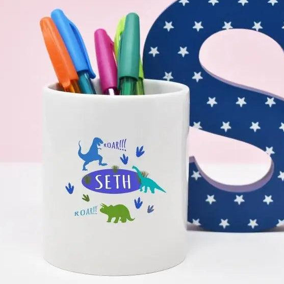Personalised Dinosaur Pencil Pot, Personalised Pen Pot, Child's Pencil Pot, Dinosaur Bedroom Decor, Boys Pencil Pot, Child's Desk Decor - Amy Lucy