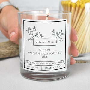 Close-up of the personalised label on the personalised First Valentine’s Day Candle