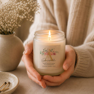 Personalised Floral Initial Bridesmaid Candle styled as a thoughtful gift