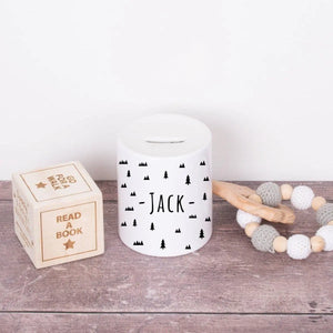 Personalised Forest Money Box, Custom Boy's Piggy Bank, Boys Woodland Decor, Custom Nursery Decor, Boys Bedroom Decor, Child's Money Bank - Amy Lucy