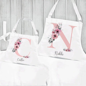 Personalised Initial Apron, Rose Gold Baking Gift, Watercolour Flowers Apron Cooking Gift, Initial Gift for Her, Custom Made, Your Words - Amy Lucy