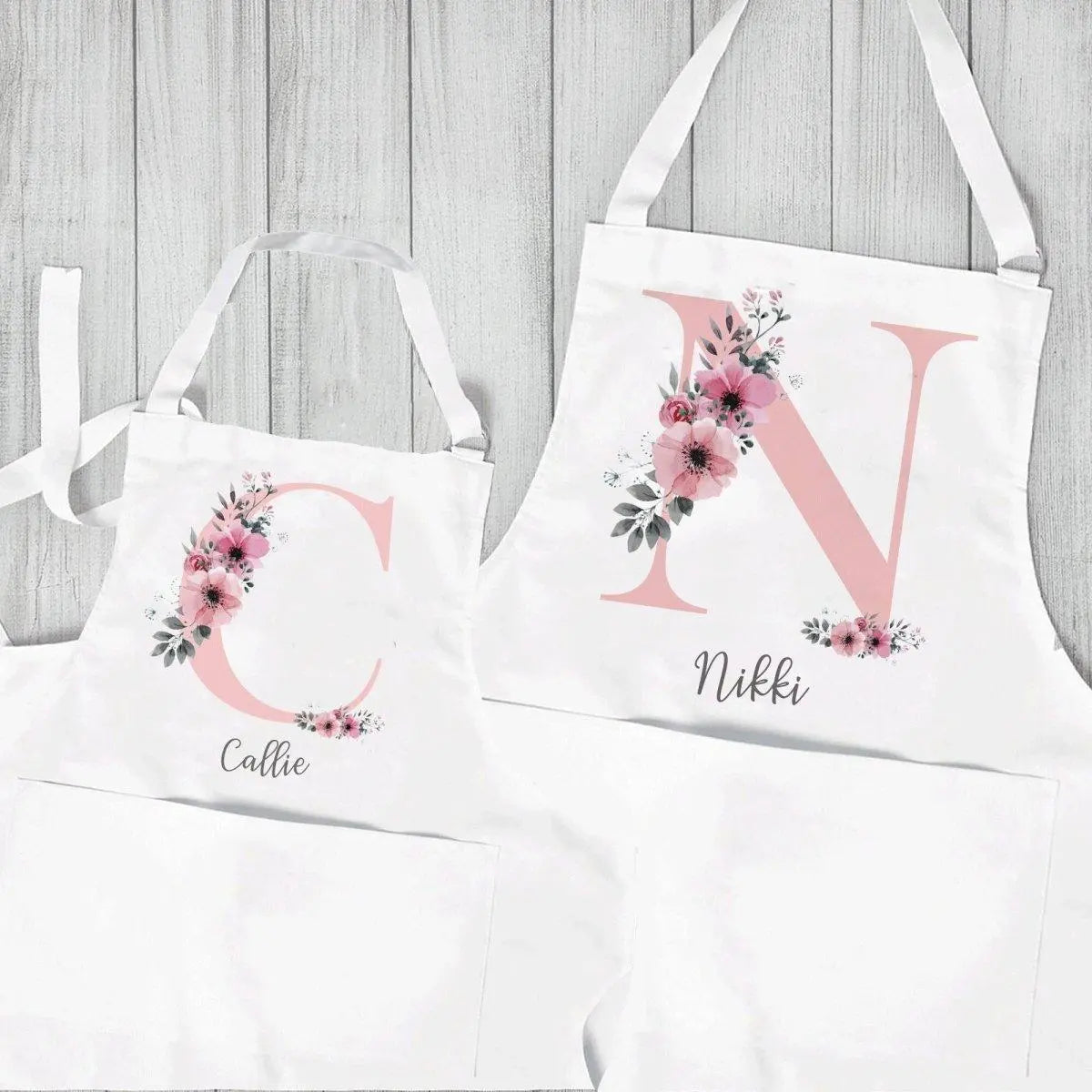 Personalised Initial Apron, Rose Gold Baking Gift, Watercolour Flowers Apron Cooking Gift, Initial Gift for Her, Custom Made, Your Words - Amy Lucy