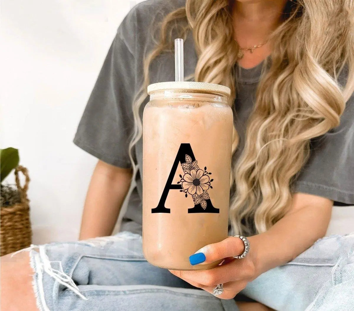 Personalised Initial Glass Tumbler with Straw, Bridesmaid Coffee Cup, Bride to be Tumbler, Name Coffee Drink Cup Bachelorette Libby Glass - Amy Lucy