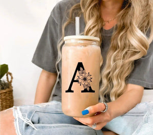 Personalised Initial Glass Tumbler with Straw, Bridesmaid Coffee Cup, Bride to be Tumbler, Name Coffee Drink Cup Bachelorette Libby Glass - Amy Lucy