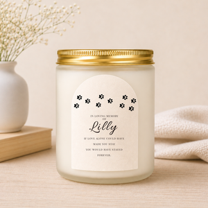 Close-up of the personalised label on the personalised Metallic Pet Memorial Candle