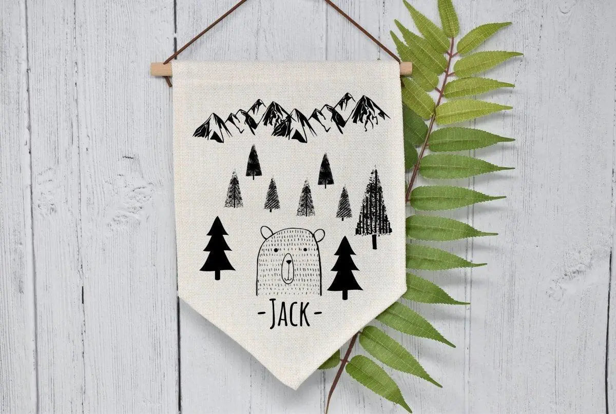 Personalised Mountain Room Flag, Kids Room Flag, Personalised Pennant Flag, Children's Bedroom Decor, Mountain Decor, Wall Hanging, Boy's - Amy Lucy