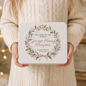 Personalised new baby keepsake tin in pink floral design with name, birth time, weight and date