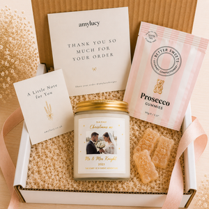 Close-up of the personalised label on the personalised Photo First Christmas as Mr & Mrs Candle